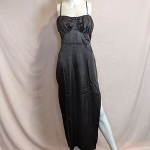 Flounce London Satin Lace Up Back Mini Dress with Slit Hem in Midnight Brown 10